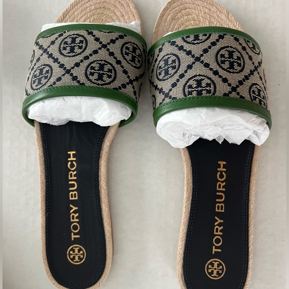 Tory Burch T Monogram Jaquard Canvas-leather espadrille slides - Picture 3 of 9